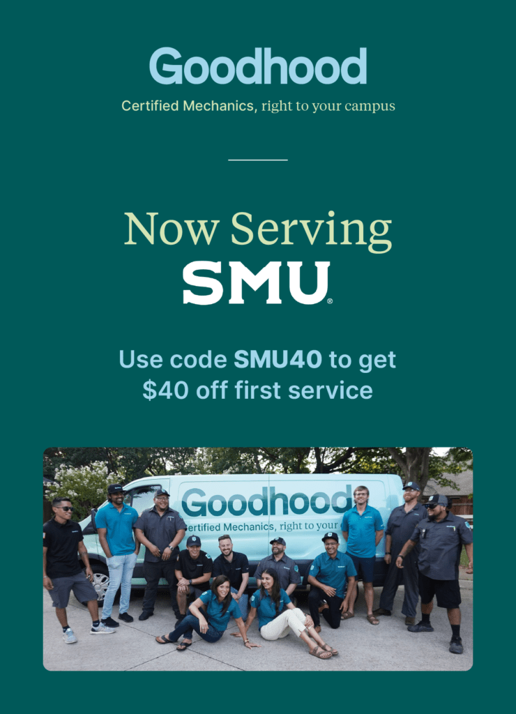 Goodhood SMU flyer. SMU students, faculty, and staff can use the code SMU40 to get $40 off first service.